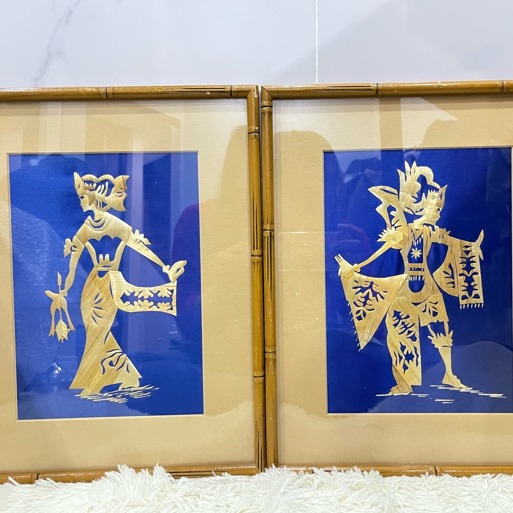 Set of  Two Vintage Asian Rice Straw Art Pictures, Dancing Women, Framed